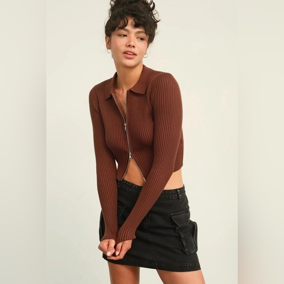 13B. Ribbed Double Zip Cardigan Top Taupe - Picture 5 of 7